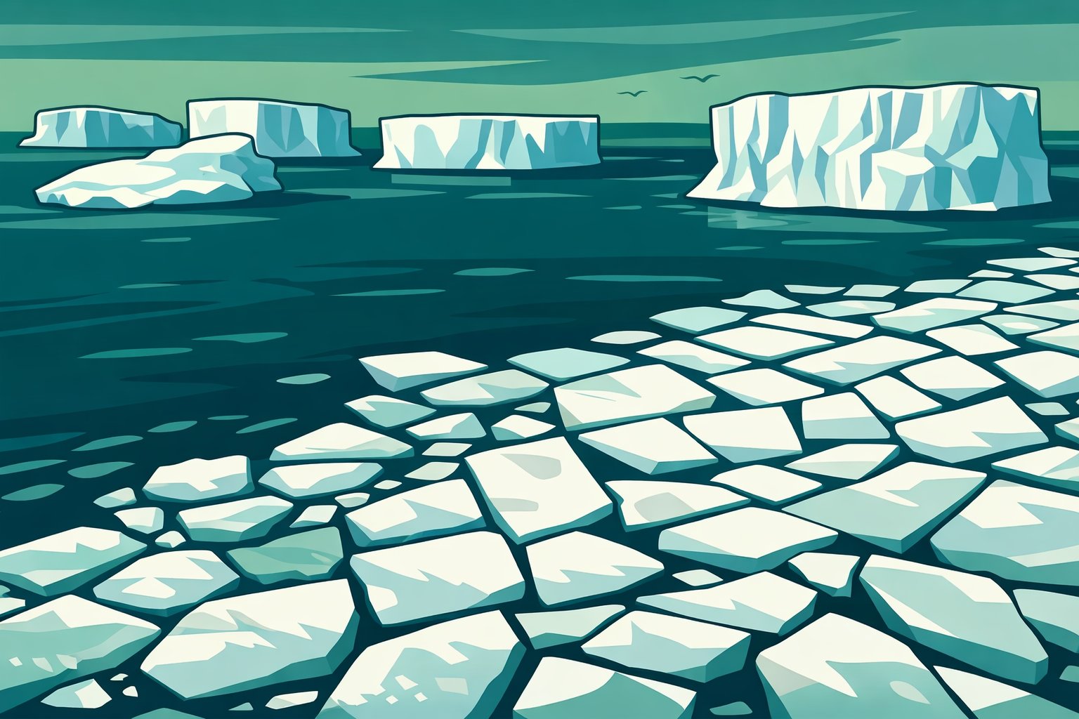 Sea ice floes and icebergs